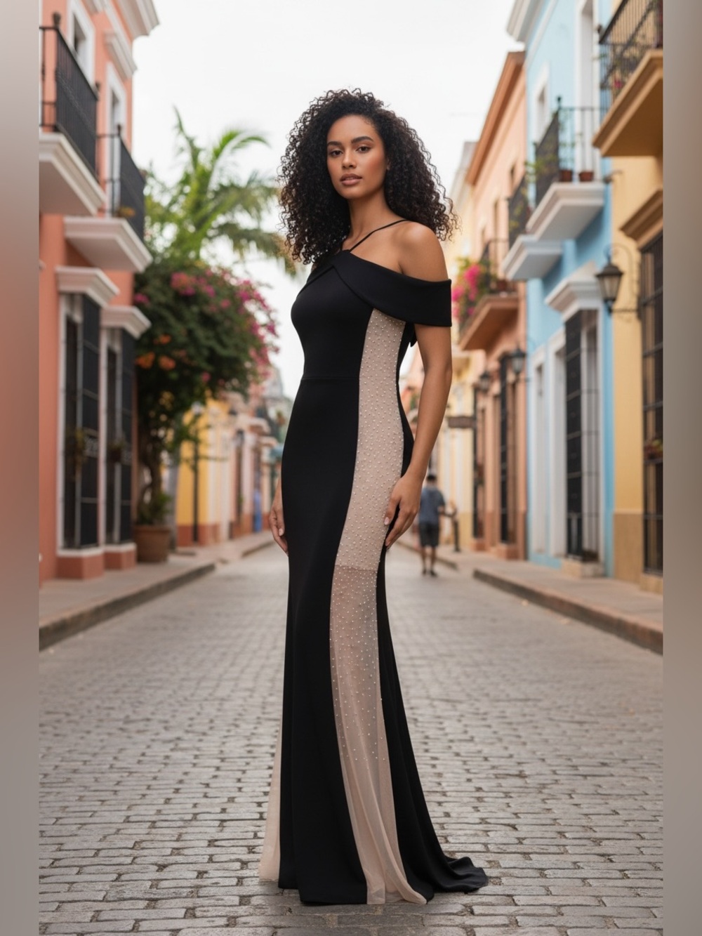Xscape Black Nude Silver Faraj Side Crystal Beaded Cold Shoulder Gown NWOT sz 10